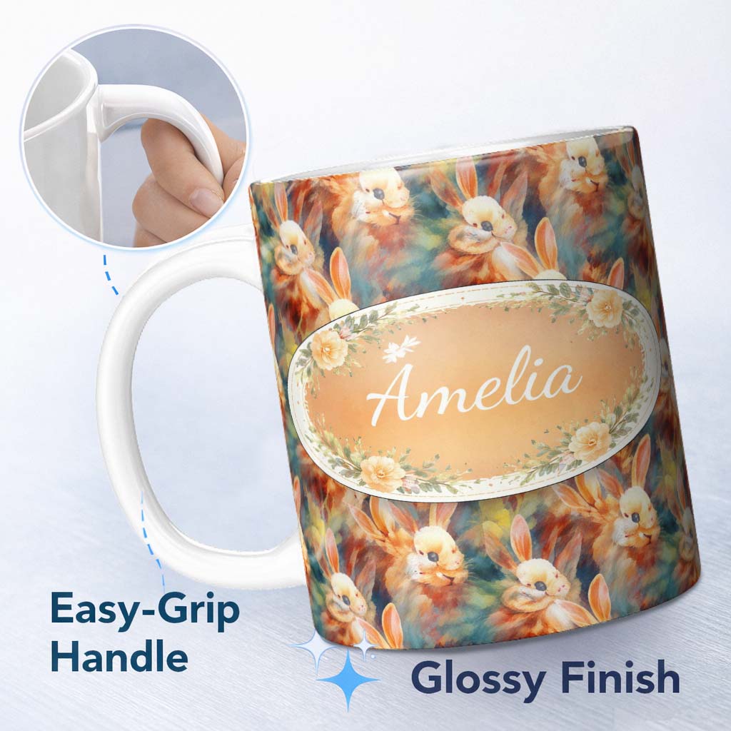 Personalized Custom Name Colorful Artistic Bunny Abstract Seamless Pattern Cute Unique Gift 11oz Ceramic Coffee Tea Mug White Large Handle