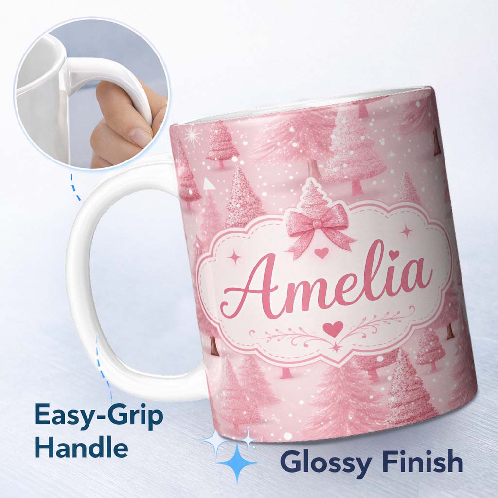 Personalized Custom Name Soft Pink Snowy Christmas Trees Winter Wonderland Seamless Pattern 11oz Ceramic Coffee Tea Mug White Large Handle