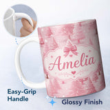 Personalized Custom Name Soft Pink Snowy Christmas Trees Winter Wonderland Seamless Pattern 11oz Ceramic Coffee Tea Mug White Large Handle