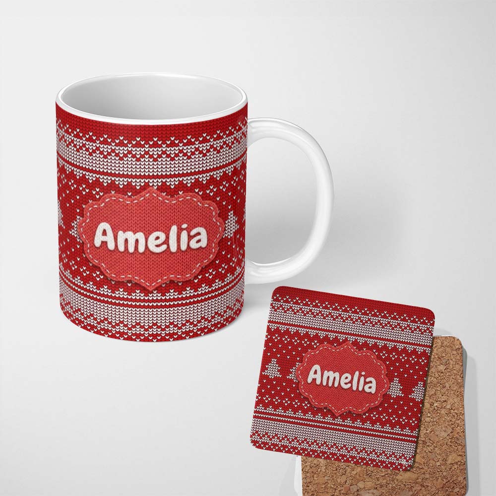 Personalized Custom Name Classic Red White Minimal Knit Texture Seamless Pattern Lovely 11oz Ceramic Coffee Tea Mug White Large Handle