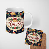 Personalized Custom Name Christmas Bells Holly Leaves Gift Boxes Festive Dark Seamless Lovely 11oz Ceramic Coffee Tea Mug White Large Handle