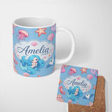 Personalized Custom Name Cute Kawaii Mermaid Ocean Friends Jellyfish Starfish Blue Background 11oz Ceramic Coffee Tea Mug White Large Handle
