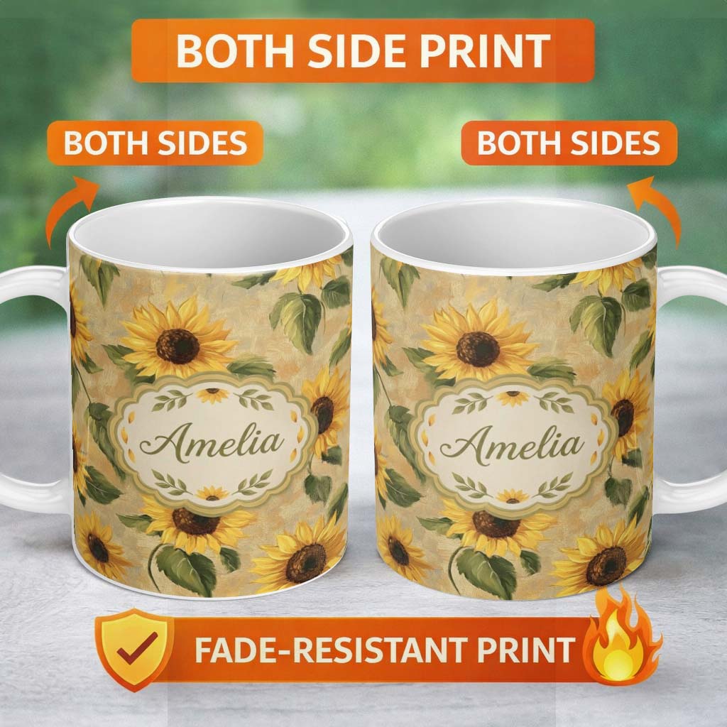 Personalized Custom Name Golden Sunflower Floral Rustic Garden Seamless Pattern Lovely 11oz Ceramic Coffee Tea Mug White Large Handle