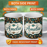 Personalized Custom Name Coffee Shop Drinks Desserts and Cups Detailed Seamless Pattern 11oz Ceramic Coffee Tea Mug White Large Handle
