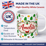 Personalized Custom Name Cute Christmas Trees Stars Holly Candy Cane Seamless Pattern Lovely 11oz Ceramic Coffee Tea Mug White Large Handle