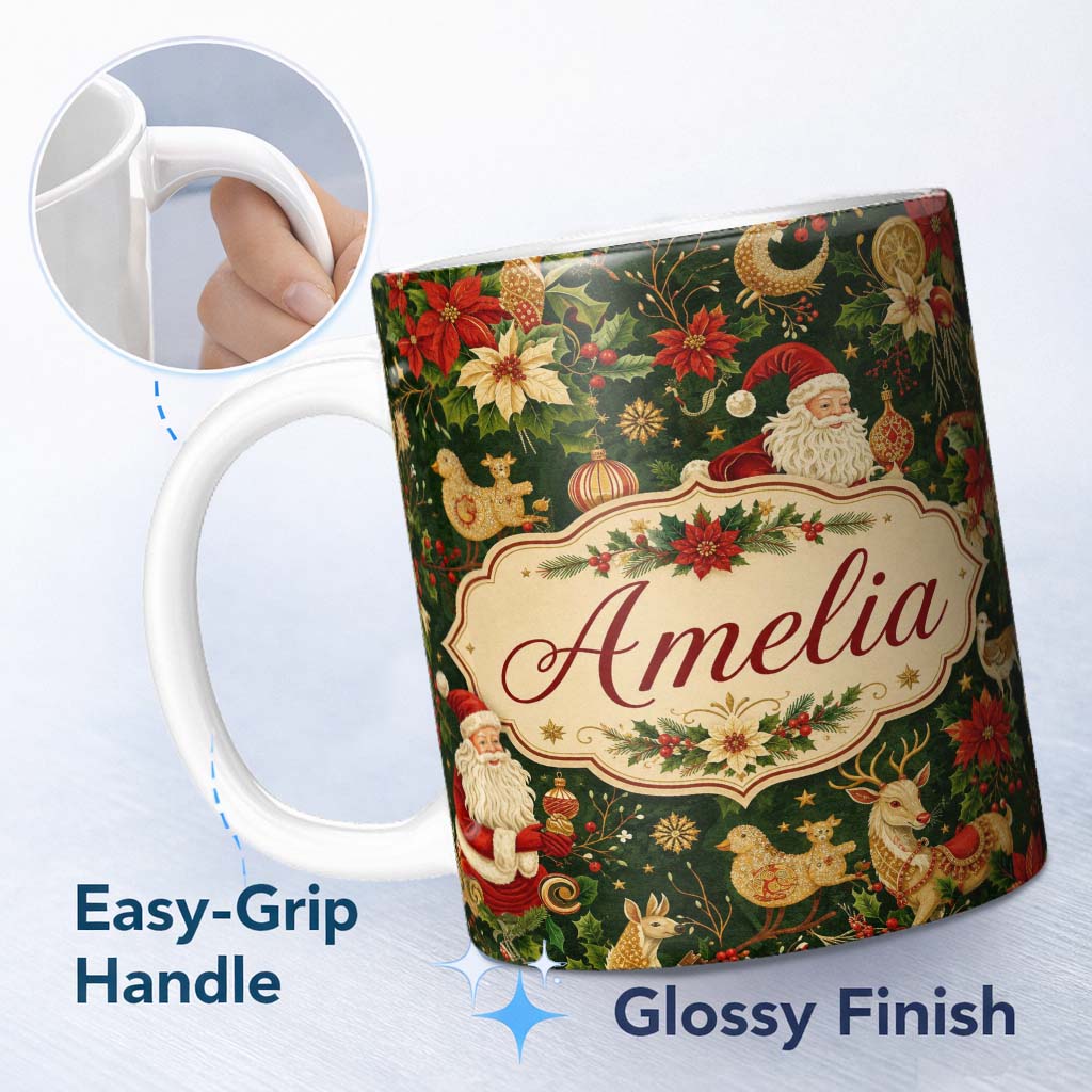 Personalized Custom Name Vintage Santa Claus Reindeer Poinsettia Seamless Pattern Festive 11oz Ceramic Coffee Tea Mug White Large Handle