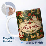 Personalized Custom Name Vintage Santa Claus Reindeer Poinsettia Seamless Pattern Festive 11oz Ceramic Coffee Tea Mug White Large Handle