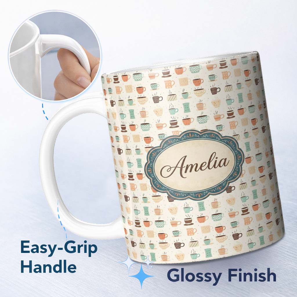 Personalized Custom Name Pastel Coffee Cups Cute Minimal Seamless Pattern Cute Unique Gift 11oz Ceramic Coffee Tea Mug White Large Handle