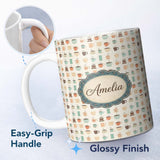 Personalized Custom Name Pastel Coffee Cups Cute Minimal Seamless Pattern Cute Unique Gift 11oz Ceramic Coffee Tea Mug White Large Handle