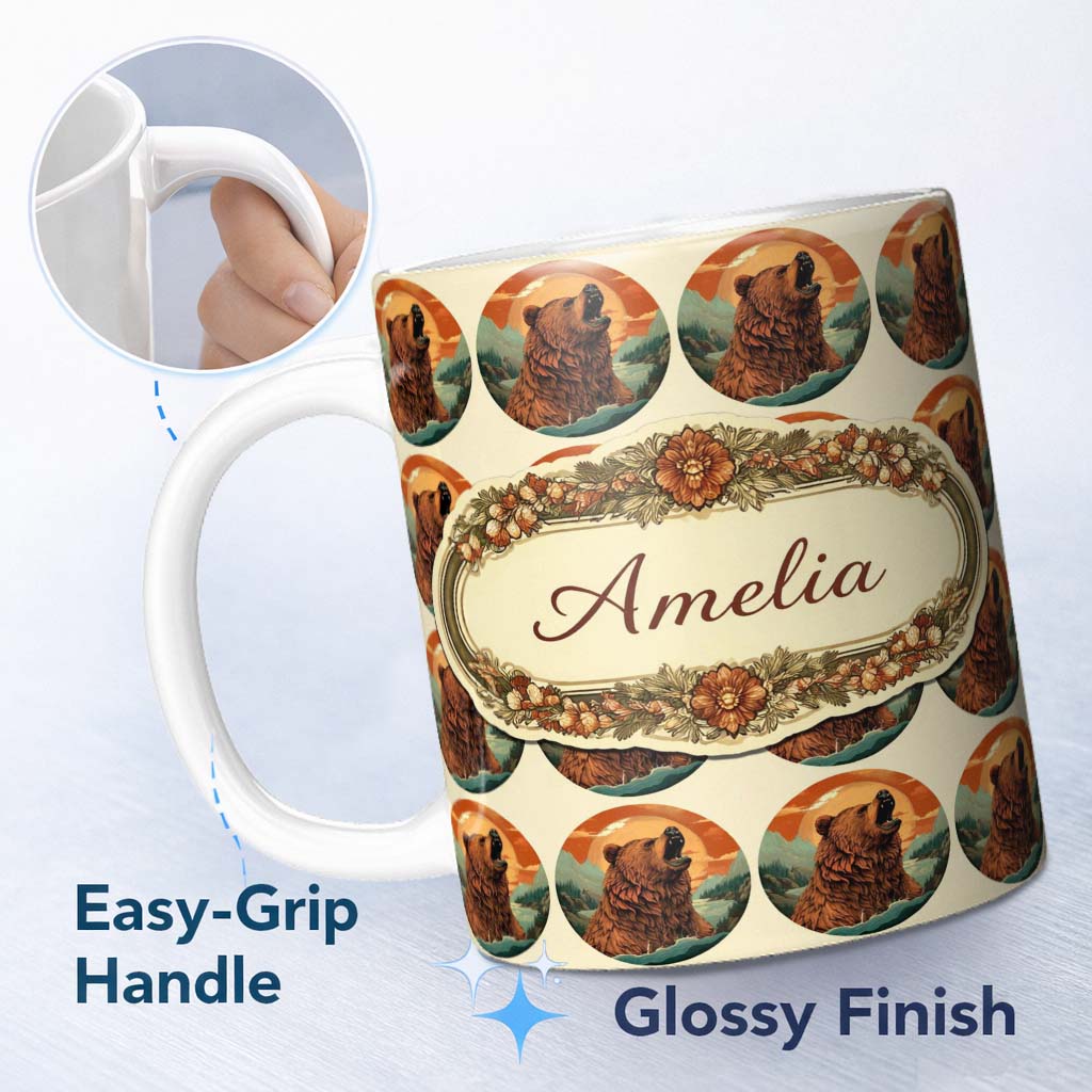 Personalized Custom Name Bear Portrait Circle Seamless Pattern Forest Wildlife Illustration 11oz Ceramic Coffee Tea Mug White Large Handle