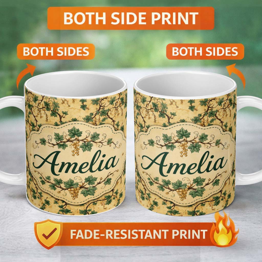Personalized Custom Name Classic Vine Leaves and Berries Botanical Seamless Pattern Lovely 11oz Ceramic Coffee Tea Mug White Large Handle
