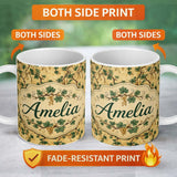 Personalized Custom Name Classic Vine Leaves and Berries Botanical Seamless Pattern Lovely 11oz Ceramic Coffee Tea Mug White Large Handle