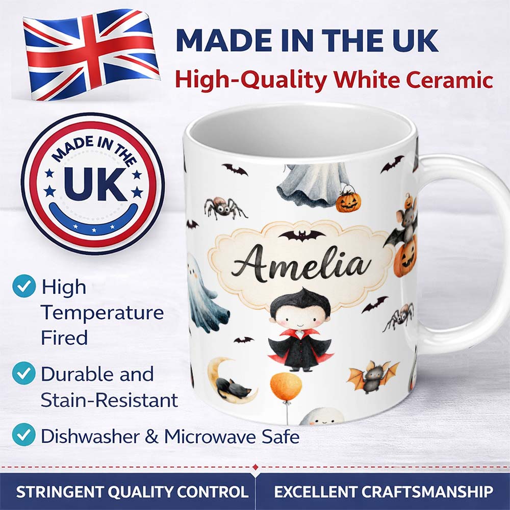 Personalized Custom Name Cute Halloween Dracula Ghost Bats on Light Grey Background Seamless 11oz Ceramic Coffee Tea Mug White Large Handle