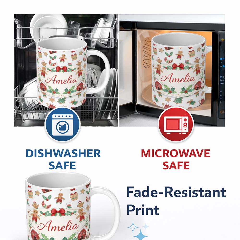 Personalized Custom Name Gingerbread Christmas Cookie Pattern Cute Holiday Seamless Design 11oz Ceramic Coffee Tea Mug White Large Handle