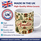 Personalized Custom Name Christmas Tree Gift Stocking Ornament Holiday Seamless Pattern 11oz Ceramic Coffee Tea Mug White Large Handle