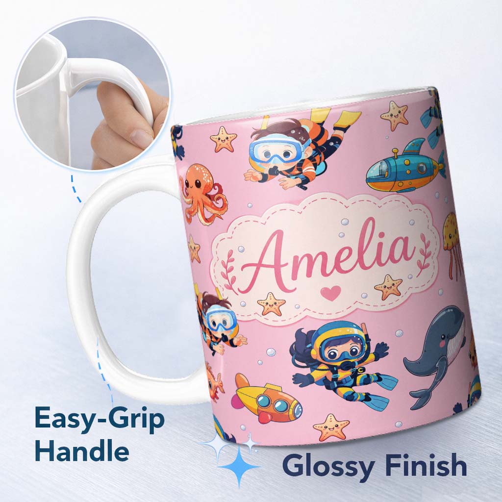 Personalized Custom Name Underwater with Scuba Divers Starfish and Whale on Soft Blush Pink 11oz Ceramic Coffee Tea Mug White Large Handle