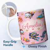 Personalized Custom Name Underwater with Scuba Divers Starfish and Whale on Soft Blush Pink 11oz Ceramic Coffee Tea Mug White Large Handle