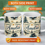 Personalized Custom Name Watercolor Snowy Christmas Trees with Gold Snowflakes Seamless 11oz Ceramic Coffee Tea Mug White Large Handle