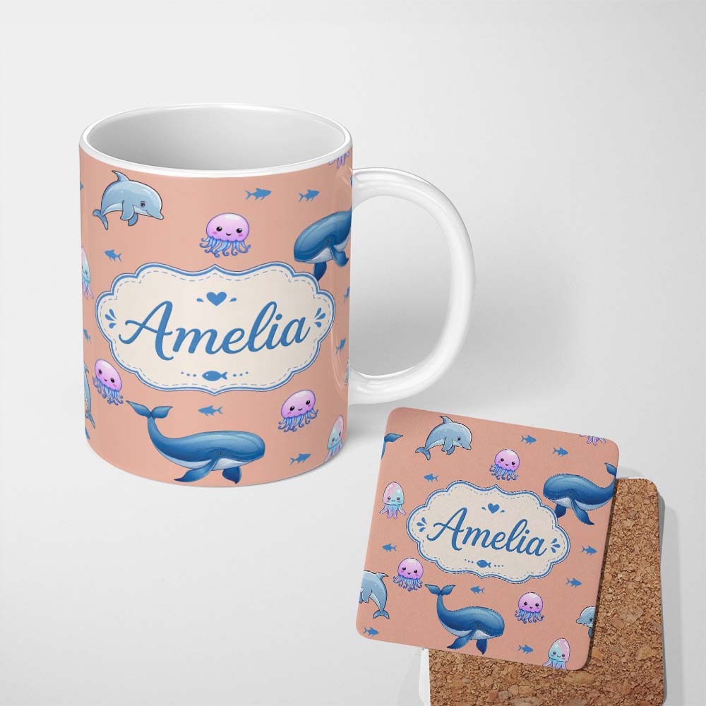 Personalized Custom Name Cute Dolphin Shark and Jellyfish Ocean Animals Peach Background 11oz Ceramic Coffee Tea Mug White Large Handle