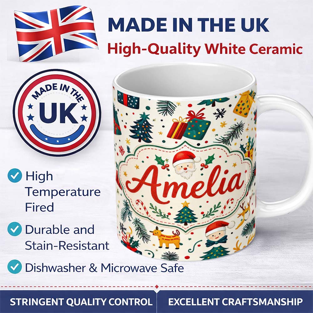 Personalized Custom Name Cute Santa Reindeer Gifts Pine Branch Festive Seamless Pattern 11oz Ceramic Coffee Tea Mug White Large Handle