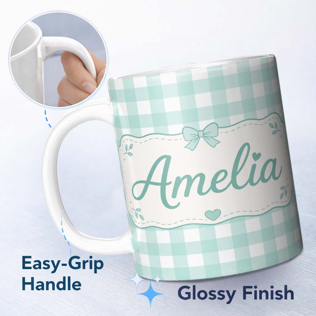 Personalized Custom Name Mint Green And White Gingham Check Seamless Pattern Classic Lovely 11oz Ceramic Coffee Tea Mug White Large Handle