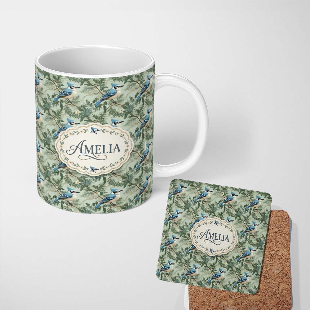 Personalized Custom Name Blue Jay Bird Green Leaf Branch Natural Woodland Botanical Design 11oz Ceramic Coffee Tea Mug White Large Handle