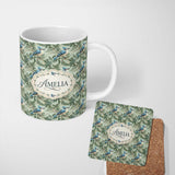 Personalized Custom Name Blue Jay Bird Green Leaf Branch Natural Woodland Botanical Design 11oz Ceramic Coffee Tea Mug White Large Handle