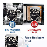 Personalized Custom Name Midnight Botanical Flow Black Cream Abstract Leaf Pattern Lovely 11oz Ceramic Coffee Tea Mug White Large Handle
