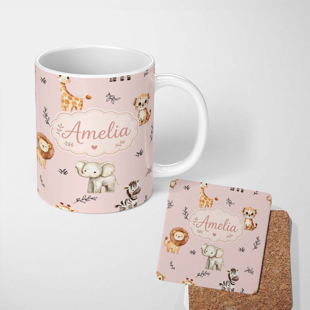 Personalized Custom Name Safari Animals with Elephant Lion and Leopard Cub Soft Blush Pink 11oz Ceramic Coffee Tea Mug White Large Handle