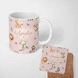 Personalized Custom Name Safari Animals with Elephant Lion and Leopard Cub Soft Blush Pink 11oz Ceramic Coffee Tea Mug White Large Handle