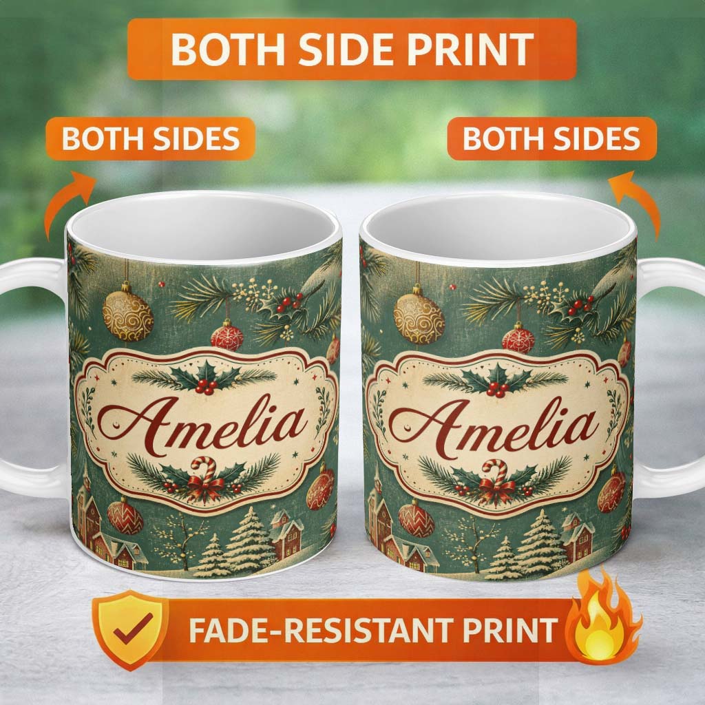 Personalized Custom Name Classic Christmas Ornaments Holly Candy Cane Pine Branch Seamless 11oz Ceramic Coffee Tea Mug White Large Handle