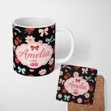 Personalized Custom Name Cute Cherry Bow Daisy Heart Seamless Pattern on Black Background 11oz Ceramic Coffee Tea Mug White Large Handle