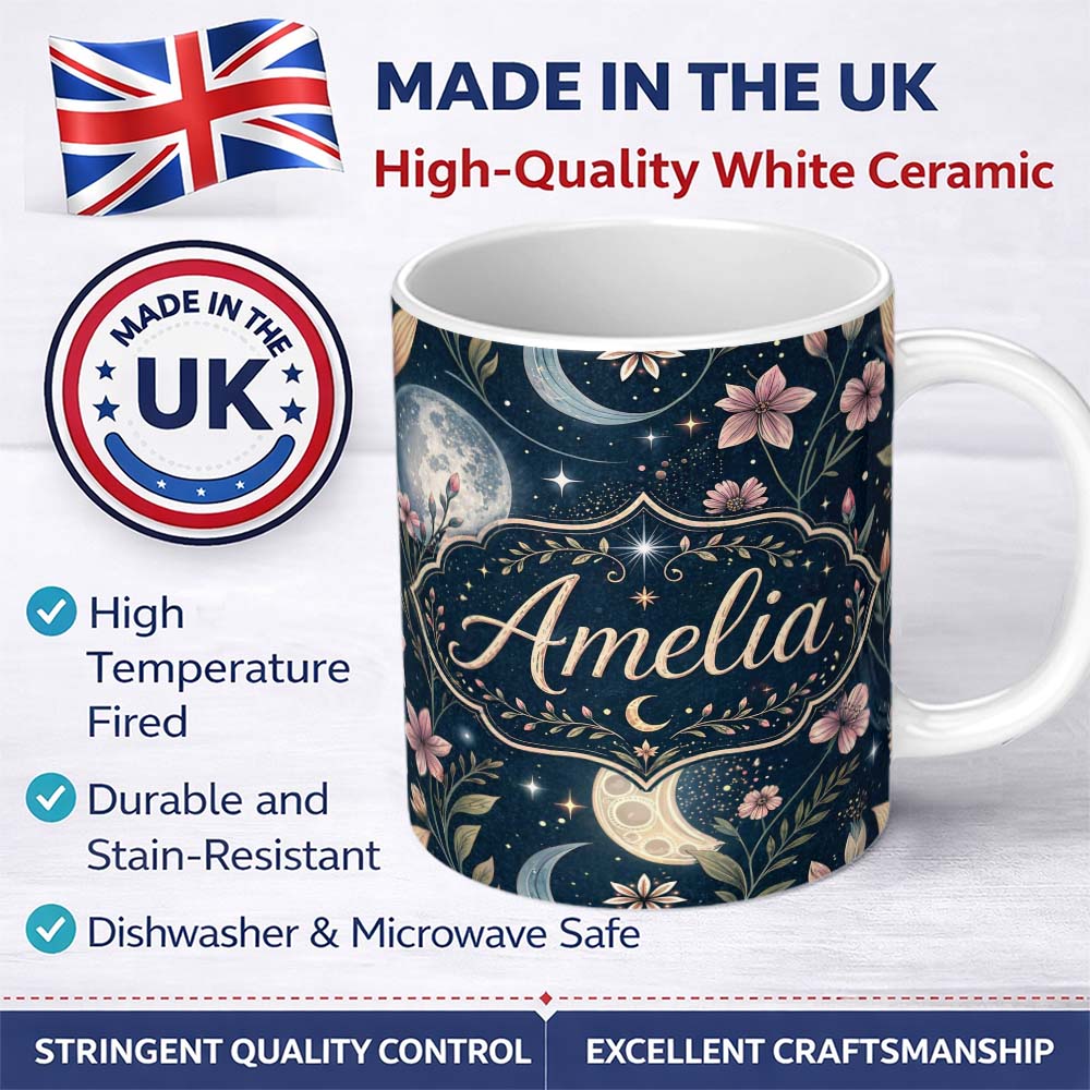 Personalized Custom Name Pink Floral Moon Stars Celestial Night Seamless Pattern Lovely 11oz Ceramic Coffee Tea Mug White Large Handle
