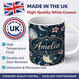Personalized Custom Name Pink Floral Moon Stars Celestial Night Seamless Pattern Lovely 11oz Ceramic Coffee Tea Mug White Large Handle