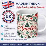 Personalized Custom Name Christmas Trees, Ornaments Folk Art Seamless Pattern Red Green 11oz Ceramic Coffee Tea Mug White Large Handle
