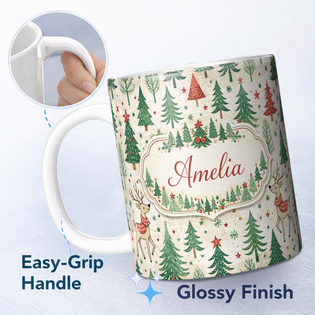 Personalized Custom Name Christmas Reindeer Pine Tree Scandinavian Festive Seamless Pattern 11oz Ceramic Coffee Tea Mug White Large Handle