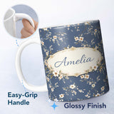 Personalized Custom Name Elegant Navy Floral Vine Delicate Botanical Charming Kitchen Decor 11oz Ceramic Coffee Tea Mug White Large Handle