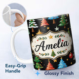 Personalized Custom Name Christmas Trees with Ornaments Stars and Baubles on Black Seamless 11oz Ceramic Coffee Tea Mug White Large Handle