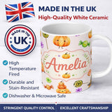 Personalized Custom Name Cute Halloween Pumpkin Candy Characters Pastel Background Seamless 11oz Ceramic Coffee Tea Mug White Large Handle