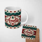 Personalized Custom Name Cute Festive Knitted Texture Red Green White Cozy Seamless Pattern 11oz Ceramic Coffee Tea Mug White Large Handle