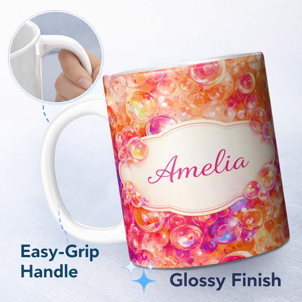 Personalized Custom Name Bright Colorful Bubble Abstract Seamless Pattern Cute Unique Gift 11oz Ceramic Coffee Tea Mug White Large Handle