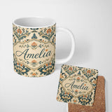 Personalized Custom Name Classic Ornamental Damask Floral Symmetry Seamless Pattern Lovely 11oz Ceramic Coffee Tea Mug White Large Handle