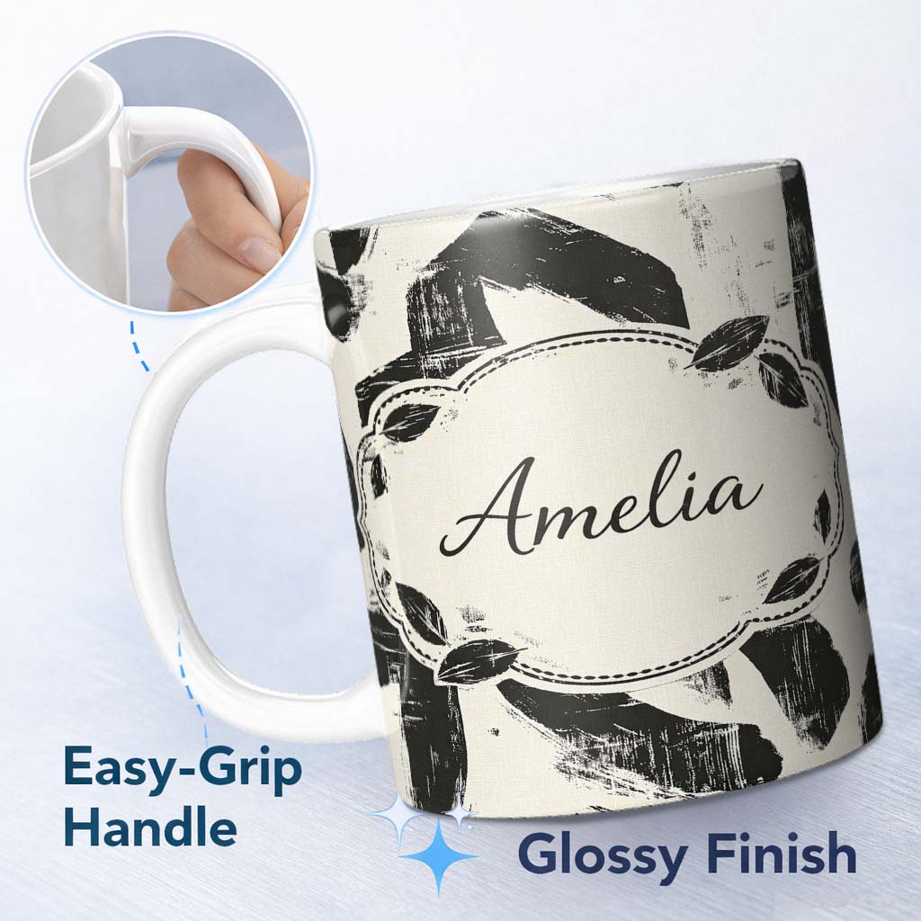 Personalized Custom Name Bold Expressionist Brush Strokes Black Cream Artistic Abstract 11oz Ceramic Coffee Tea Mug White Large Handle