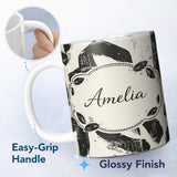Personalized Custom Name Bold Expressionist Brush Strokes Black Cream Artistic Abstract 11oz Ceramic Coffee Tea Mug White Large Handle