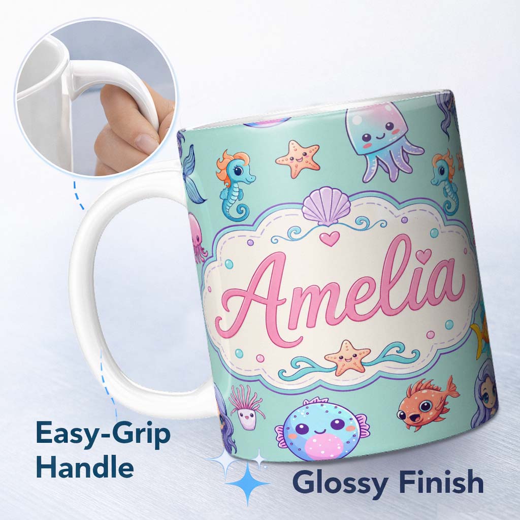 Personalized Custom Name Cute Kawaii Mermaid Seahorse Jellyfish and Starfish Mint Background 11oz Ceramic Coffee Tea Mug White Large Handle
