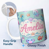 Personalized Custom Name Cute Kawaii Mermaid Seahorse Jellyfish and Starfish Mint Background 11oz Ceramic Coffee Tea Mug White Large Handle