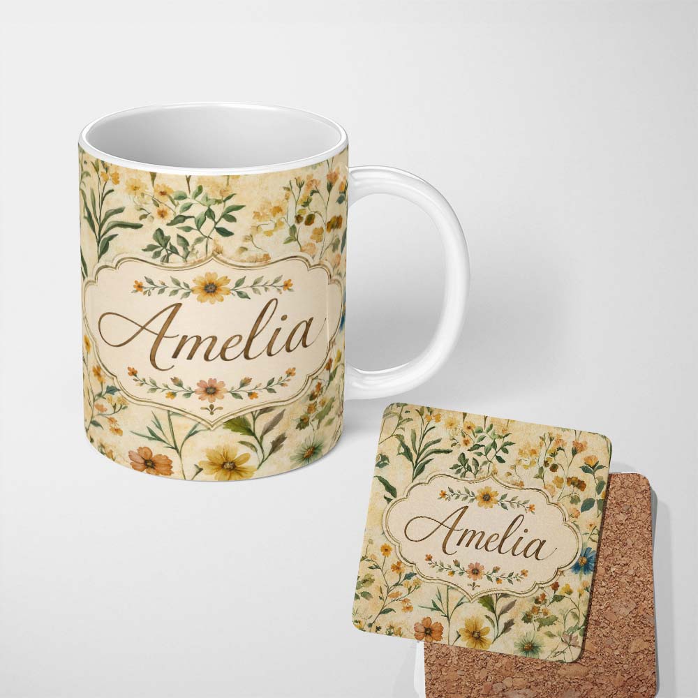 Personalized Custom Name Soft Vintage Wildflower Botanical on Warm Neutral Background Lovely 11oz Ceramic Coffee Tea Mug White Large Handle