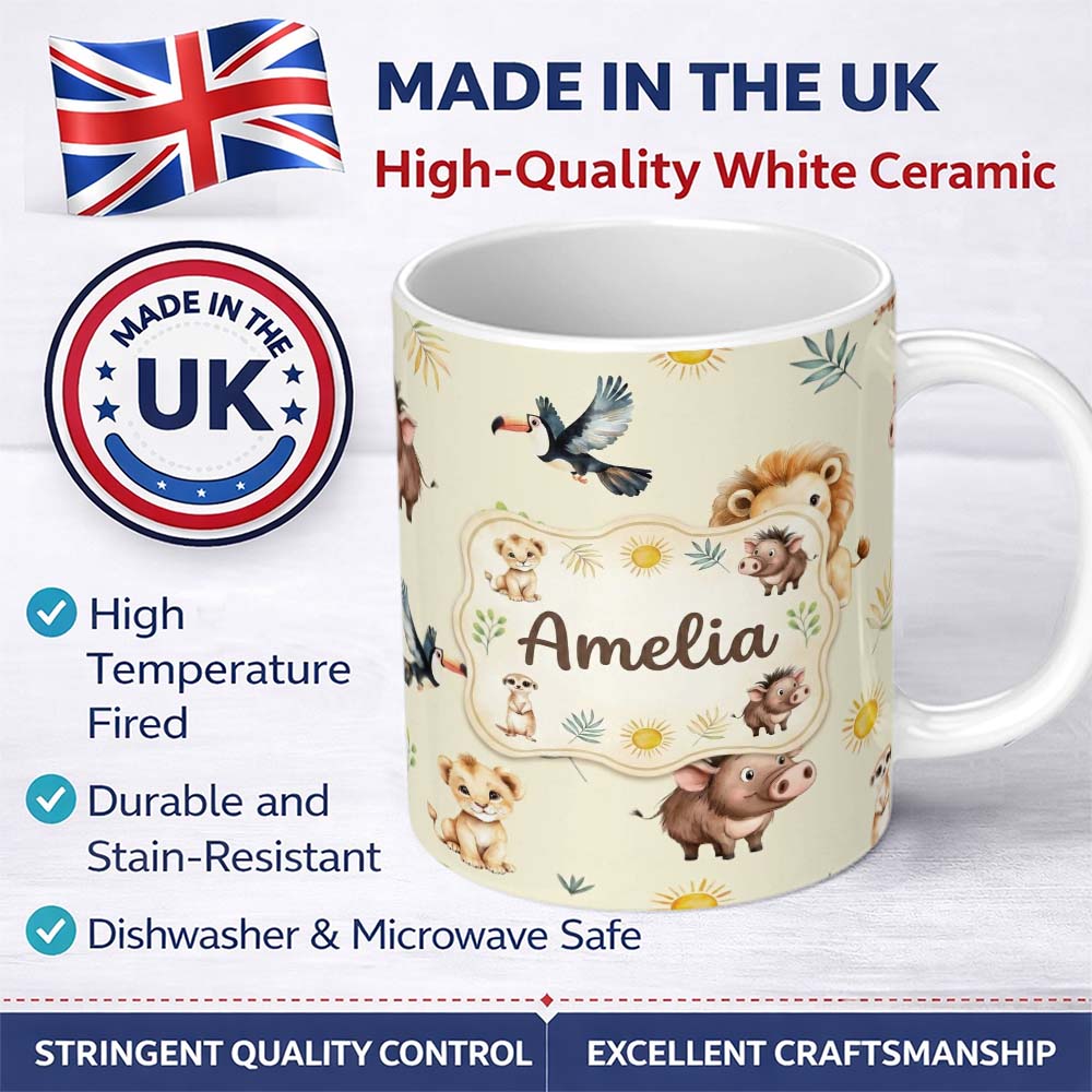 Personalized Custom Name Jungle Animals Lion Meerkat Toucan Boar on Cream Seamless Pattern 11oz Ceramic Coffee Tea Mug White Large Handle