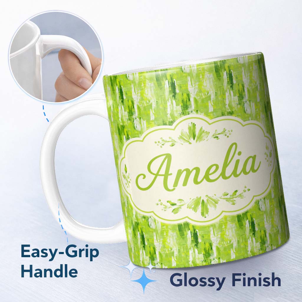 Personalized Custom Name Abstract Green Brushstroke Texture Seamless Pattern Artistic Design 11oz Ceramic Coffee Tea Mug White Large Handle