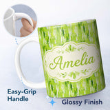 Personalized Custom Name Abstract Green Brushstroke Texture Seamless Pattern Artistic Design 11oz Ceramic Coffee Tea Mug White Large Handle